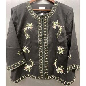 Women Linen Jacket 24W Black Embroidered Zip 3/4 Sleeve Lined Collarless‎ Blazer